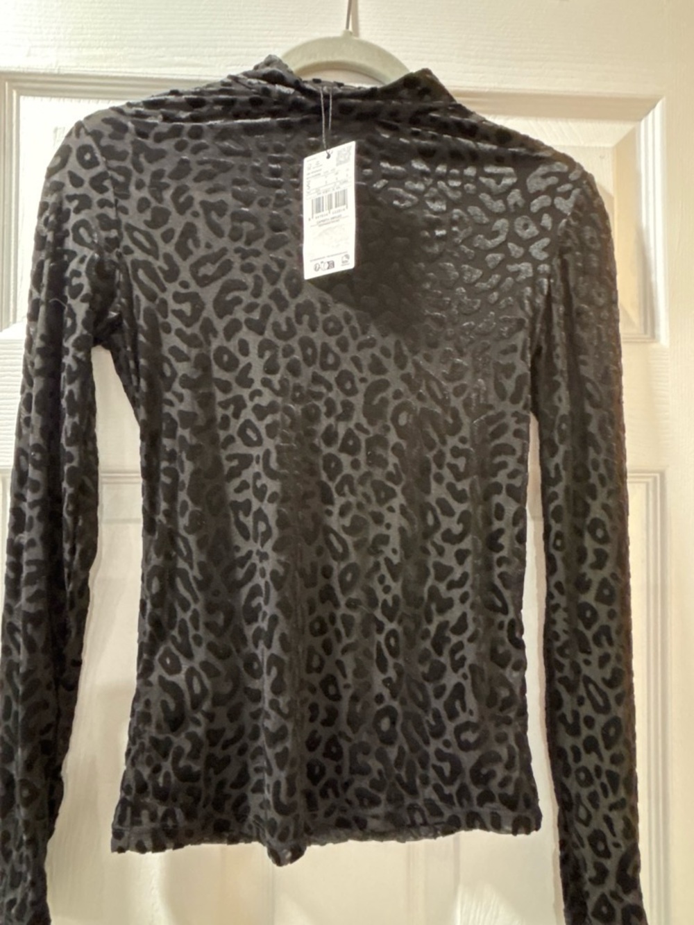 Mango Black Leopard Print Mock Neck Long Sleeve Top
